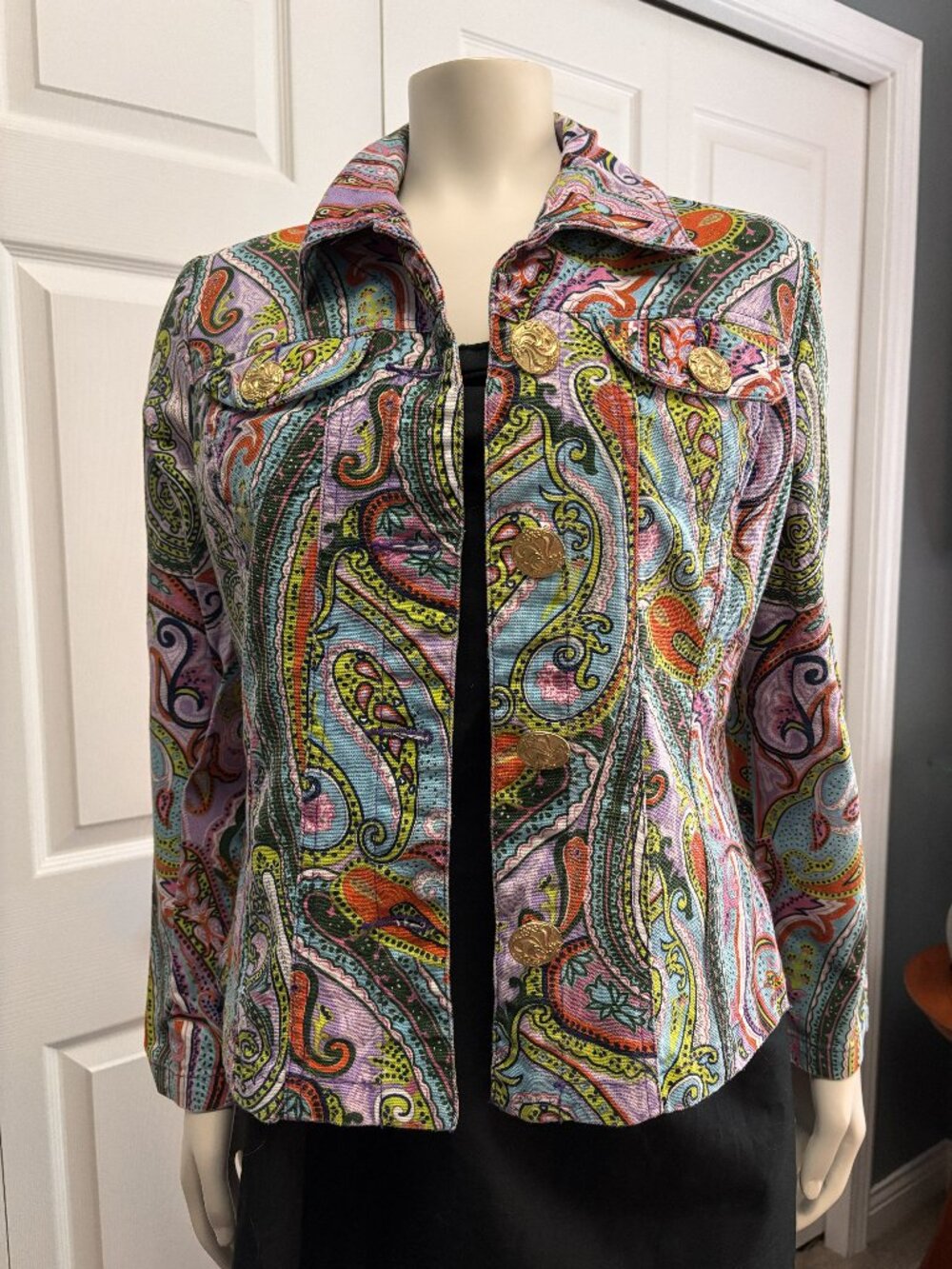 Boston Proper Paisley Print Jacket Small Colorful Gold Button Stretch Blazer